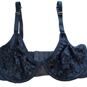 Lively Dark Blue Floral Lace Unlined Underwire Bra Womens 32DD Demi Cup Feminine